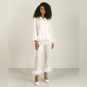 Chic White Feather-Trimmed Pajama Set